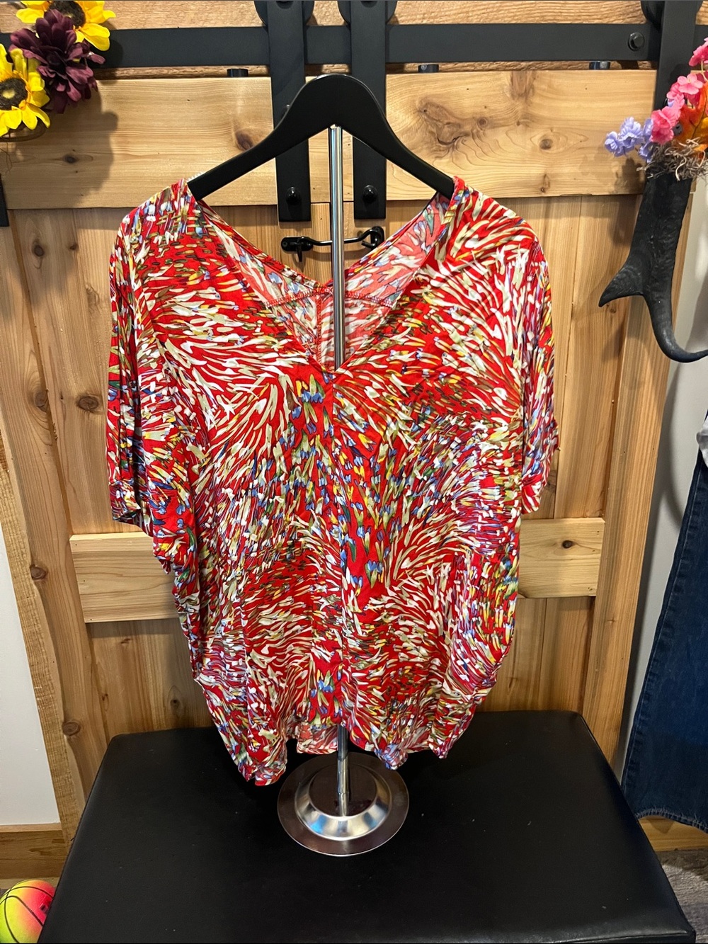 Red Multi-Print V-Neck Women's Blouse